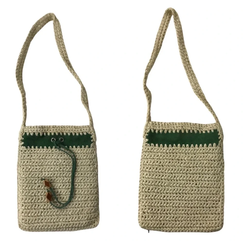 1970s Sears Woven Hippie Purse Shoulder Bag Green Suede Handbag *